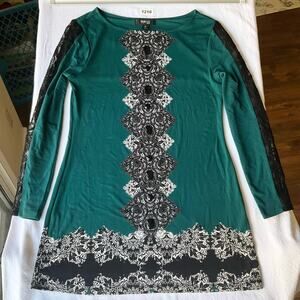 Style & Co. Women’s Long Sleeve Screw Neck Mini Dress size Petite S, Green Black